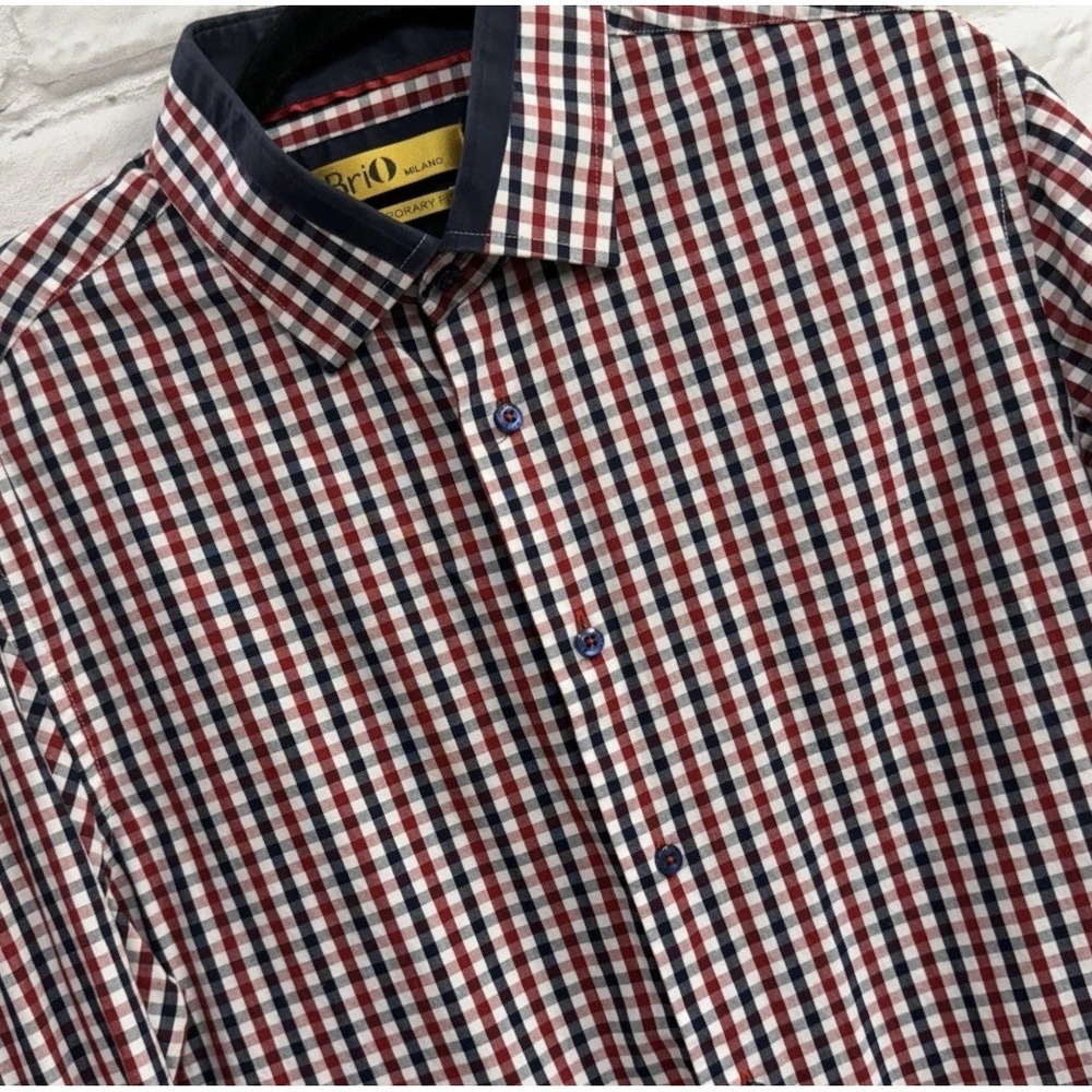 BriO Milano Red & Navy Blue Plaid Button Up Mens Dress Shirt Size Large 16.5/17